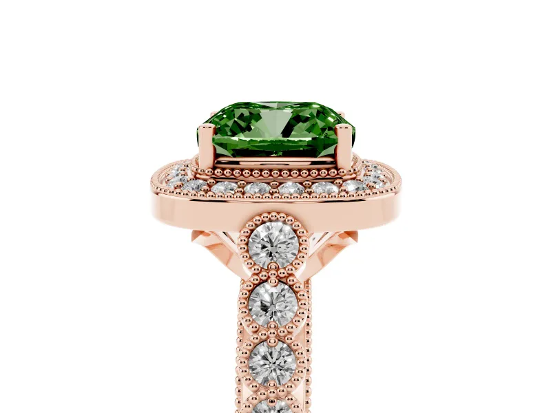 Cushion Cut Graduated Milgrain Halo Engagement Ring Setting for a Fancy Green Lab-Grown Diamond | Rose Gold