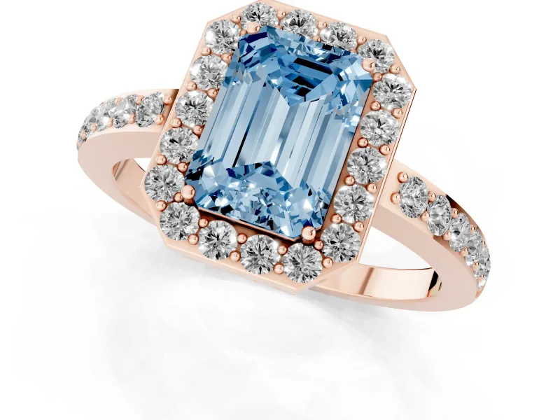 Fancy Blue Emerald Cut Diamond Halo Ring Set in Rose gold with Pavé-Setting Band and Open Prong Center