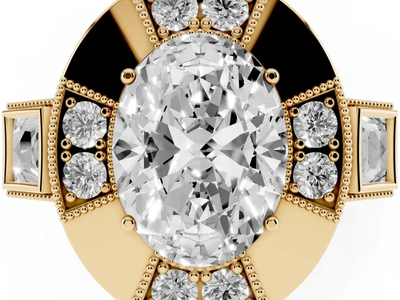 Oval Milgrain Sectioned Halo Engagement Ring Setting | Square-Framed Sides | Yellow Gold
