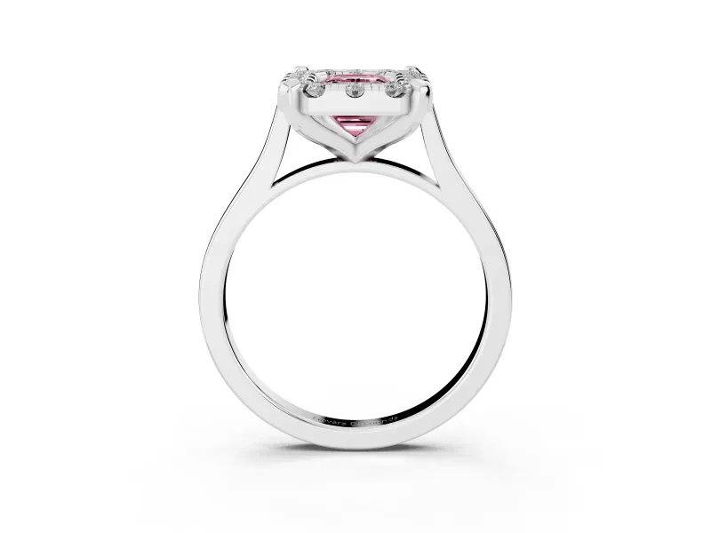 Emerald Cut Claw Corner Halo Engagement Ring Setting for a Fancy Pink Lab-Grown Diamond | Slim Plain Band | Platinum