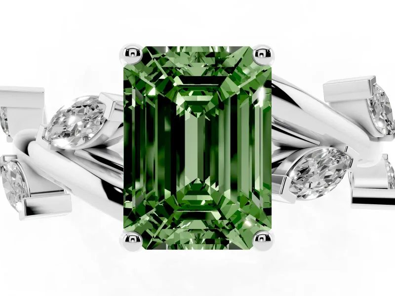 Fancy Green Emerald Cut Diamond Solitaire Ring Set in White gold with Twisted Marquise Accent Band