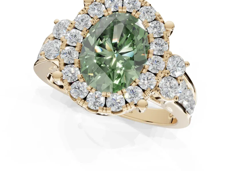 Oval Halo Engagement Ring Setting for a Fancy Green Lab-Grown Diamond | Side Clusters | Yellow Gold