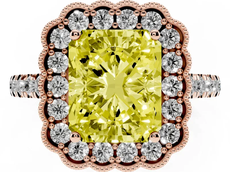 Radiant Cut Milgrain Floral Halo Engagement Ring Setting for a Fancy Yellow Lab-Grown Diamond | Pavé Band | Rose Gold