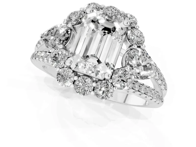 Emerald Cut Diamond Halo Split Shank Engagement Ring Set in Silver with Prong-Held Center Stone