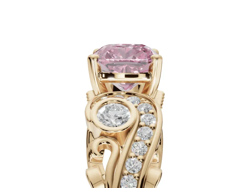 Cushion Cut Swirl Engagement Ring Setting for a Fancy Pink Lab-Grown Diamond | Yellow Gold