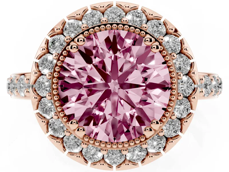 Round Vintage Milgrain Halo Engagement Ring Setting for a Fancy Pink Lab-Grown Diamond | Pierced Gallery | Rose Gold