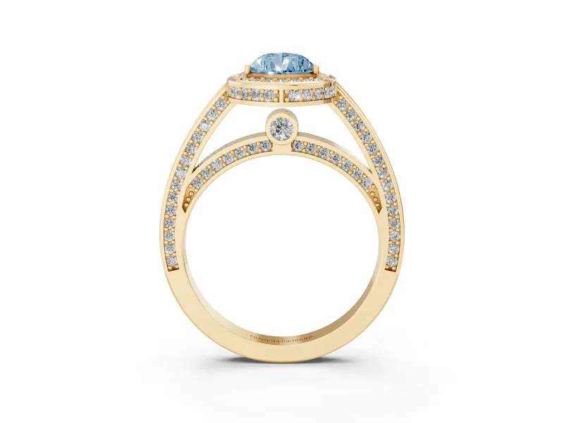 Fancy Blue Pear Cut Diamond Halo Pavé Split Shank Ring Set in Yellow gold with Prong Setting