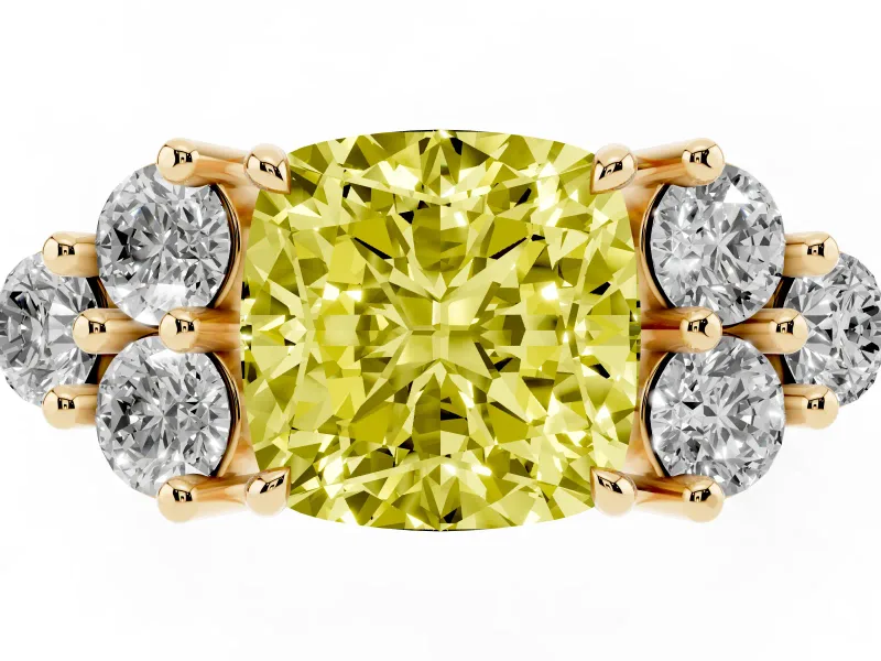 Fancy Yellow Cushion Cut Diamond Solitaire Ring Set in Yellow gold with Cluster Accents on Each Side