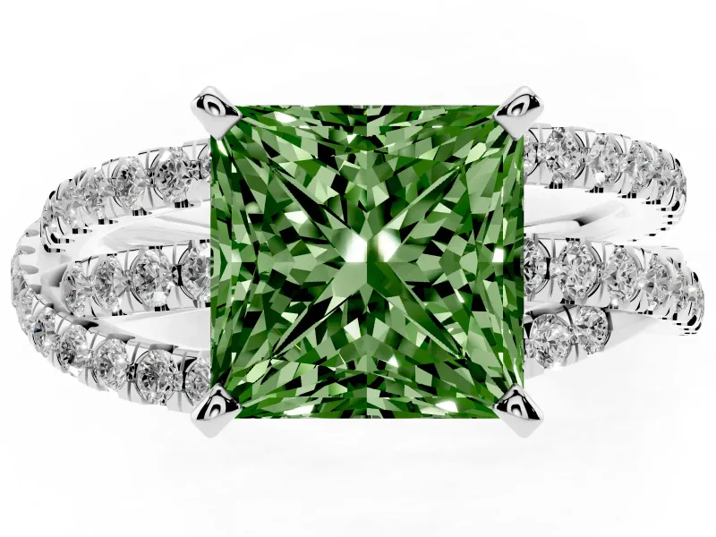 Fancy Green Princess Cut Diamond Solitaire Twist Band Ring Set in White gold with Pavé Setting and Prong Head