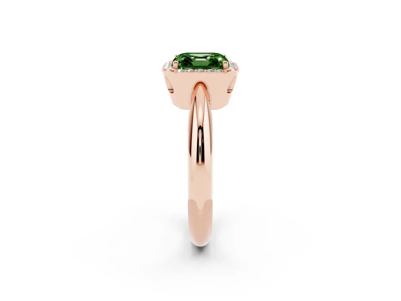 Fancy Green Asscher Cut Diamond Halo Engagement Ring Set in Rose gold with Plain Split Shank and Prong Setting