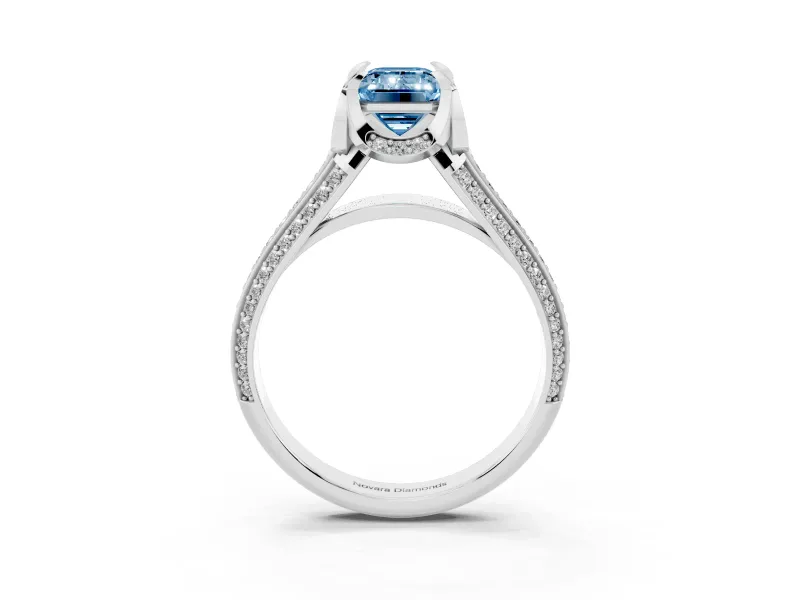 Fancy Blue Emerald Cut Diamond Pavé Split Shank Solitaire Ring Set in White gold with Prong Setting