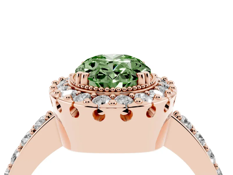 Fancy Green Oval Cut Diamond Halo Ring Set in Rose gold with Pavé Shank and Prong Setting