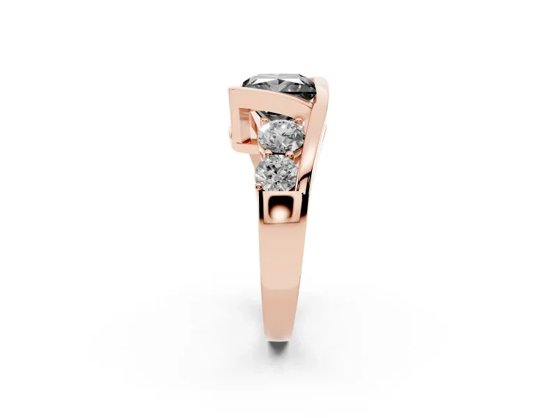 Fancy Black Princess Cut Diamond Bezel Bypass Ring Set in Rose gold with Round Accents