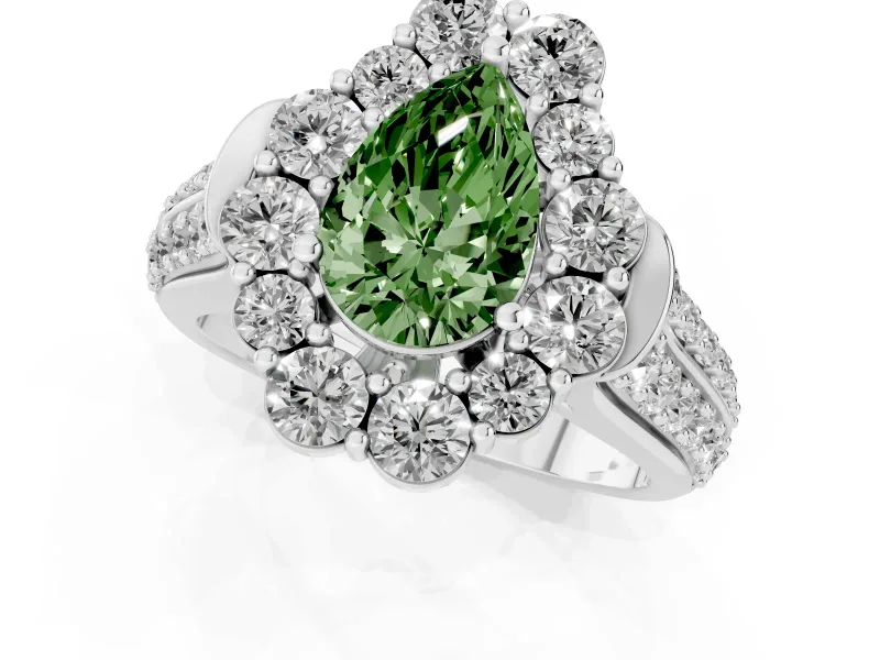 Fancy Green Pear Cut Diamond Halo Engagement Ring Set in White gold with Split Shank and Prong Setting