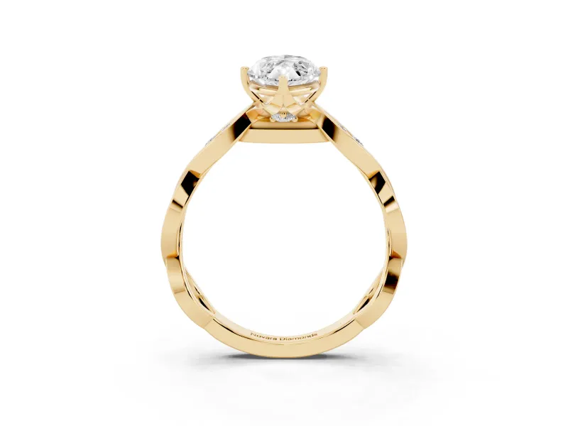 Marquise Cut Diamond Twist Band Solitaire Ring Set in Yellow gold with Leaf Prong Setting and Accent Stones