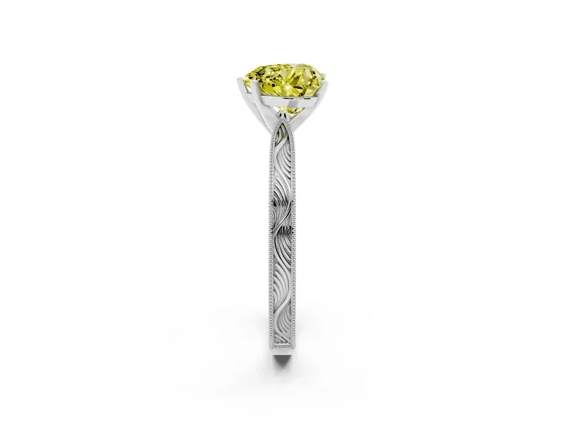 Fancy Yellow Heart Cut Diamond Solitaire Milgrain Engraved Band Set in White gold with Prong Setting