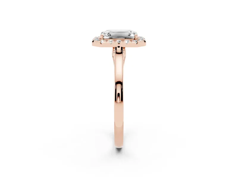 Emerald Cut Halo Round Diamond Solitaire Ring Set in Rose gold with Pavé Band and Prong Setting