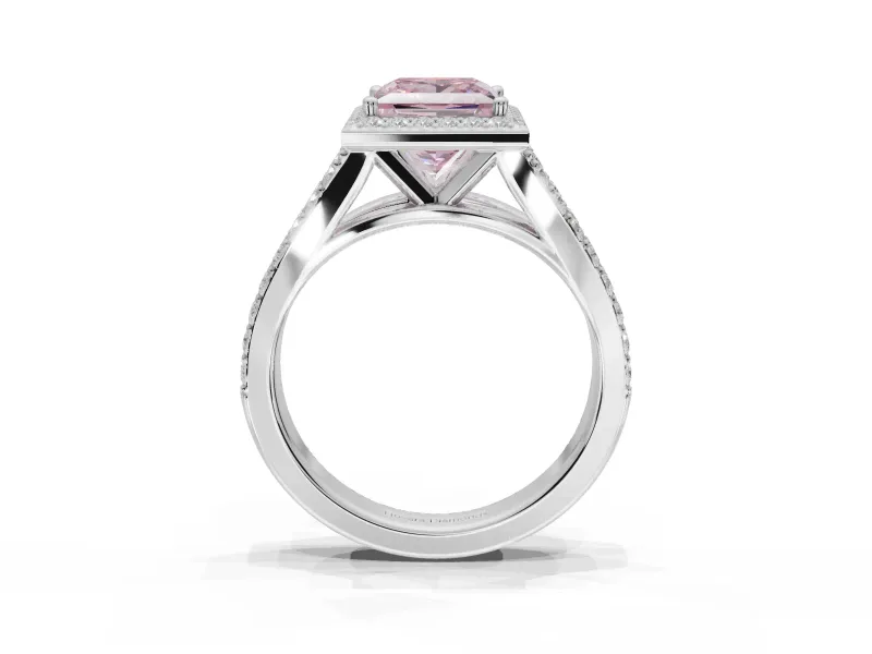 Princess Cut Halo Pavé Engagement Ring Setting for a Fancy Pink Lab-Grown Diamond | Narrow Split Shank | White Gold