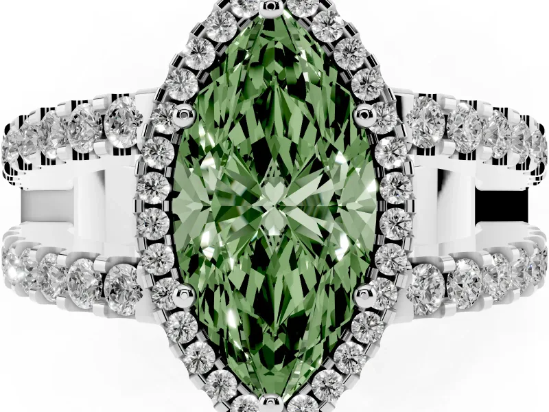 Fancy Green Marquise Cut Diamond Halo Ring Set in White gold with Pavé Split Shank and Prong Setting