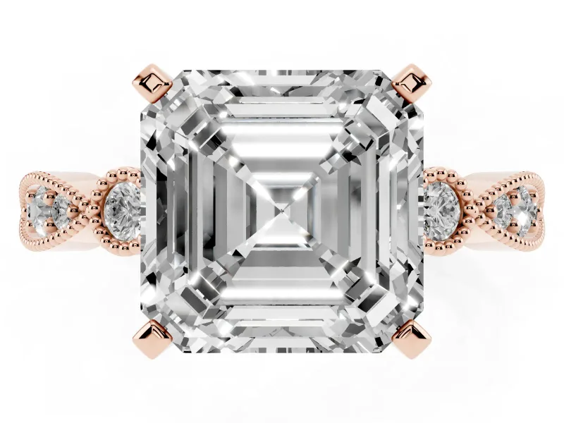Asscher Cut Diamond Solitaire Engagement Ring Set in Rose gold with Milgrain Bezel Accent Band
