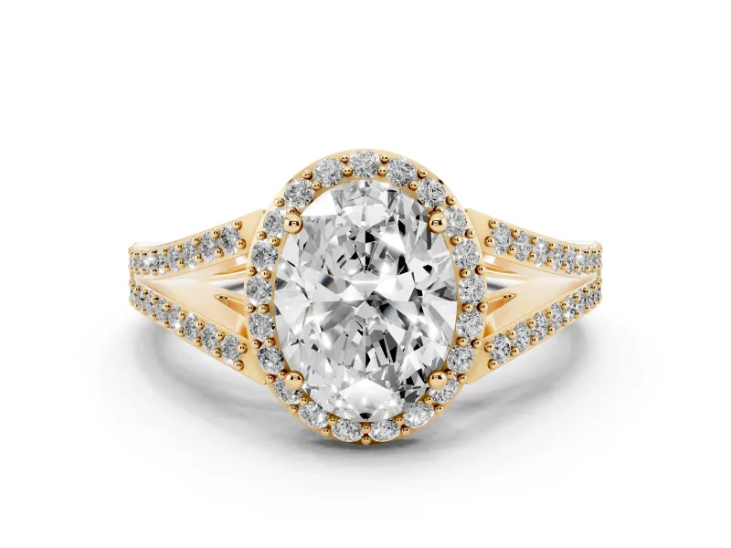 Oval Cut Diamond Halo Split Shank Pavé Ring Set in Yellow gold with Prong Setting