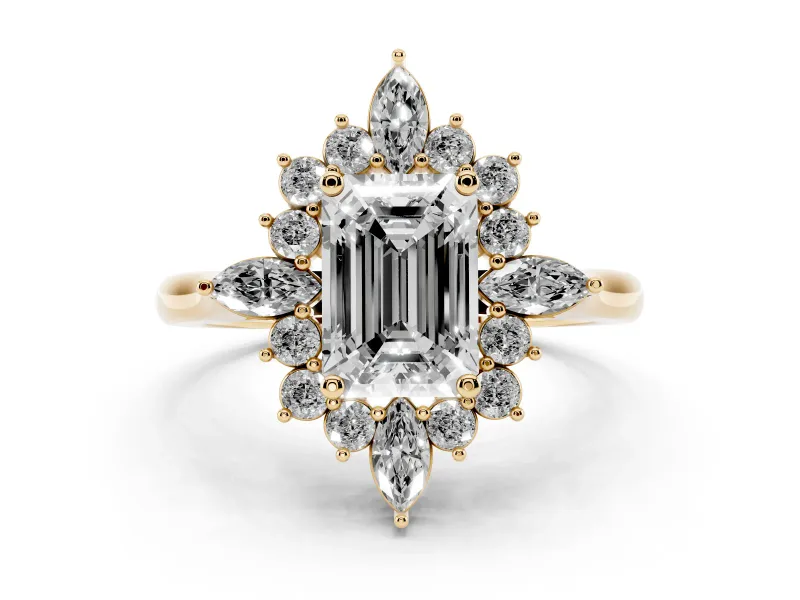 Emerald Cut Diamond Cluster Halo Ring Set in Yellow gold with Marquise and Round Accents