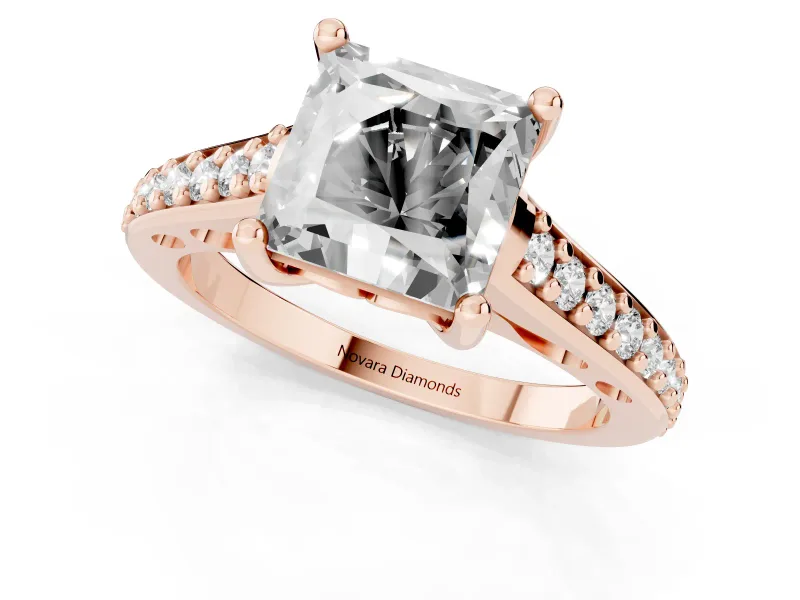 Princess Cut Graduated Pave Cathedral Engagement Ring Setting | Scroll Cut-Outs | Rose Gold