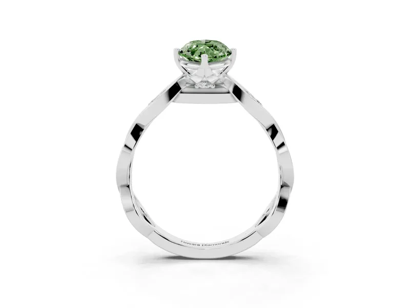 Fancy Green Marquise Cut Diamond Twist Band Solitaire Ring Set in Silver with Leaf Prong Setting and Accent Stones