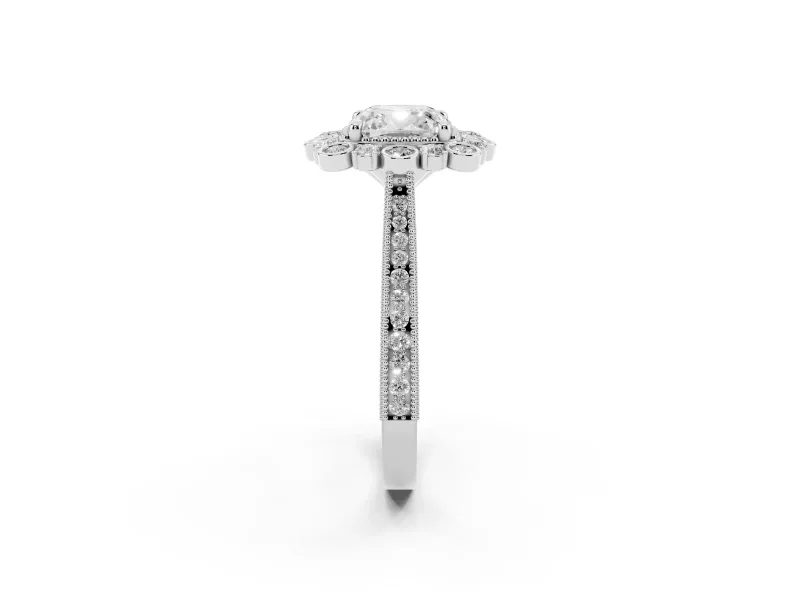 Cushion Cut Diamond Halo Milgrain Pavé Ring Set in Silver with Prong Setting