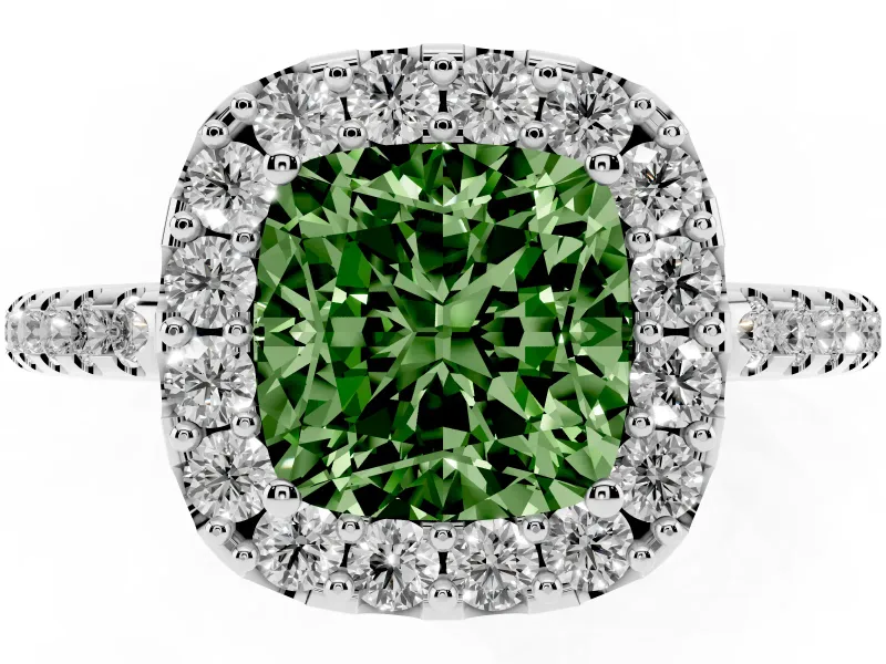 Cushion Cut Pave Halo Engagement Ring Setting for a Fancy Green Lab-Grown Diamond | Pave Band | White Gold