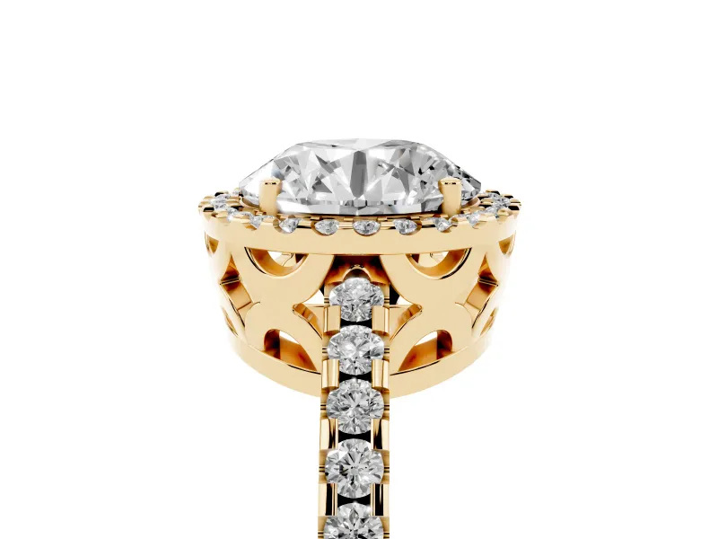 Round Halo Engagement Ring Setting | Half Pave Band | Yellow Gold