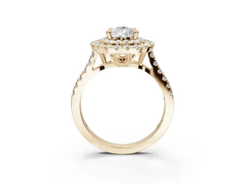 Pear-Shaped Lab-Grown Diamond Double Halo Statement Ring Set in Yellow Gold with Pavé Band