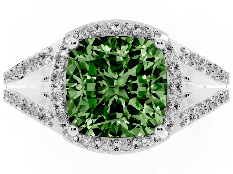 Cushion Cut Halo Engagement Ring Setting for a Fancy Green Lab-Grown Diamond | V-Split Pavé Band | Sterling Silver