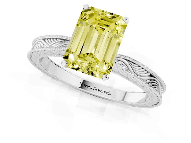 Fancy Yellow Emerald Cut Diamond Solitaire Milgrain Engraved Band Set in Silver with Prong Setting