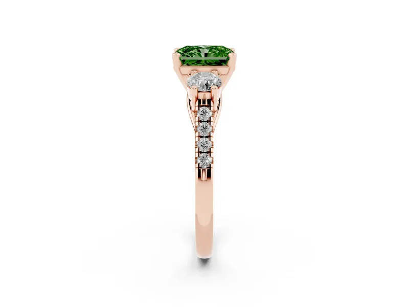 Fancy Green Three-Stone Radiant Cut Diamond Pavé Band Ring Set in Rose gold with Prong-Set Trio
