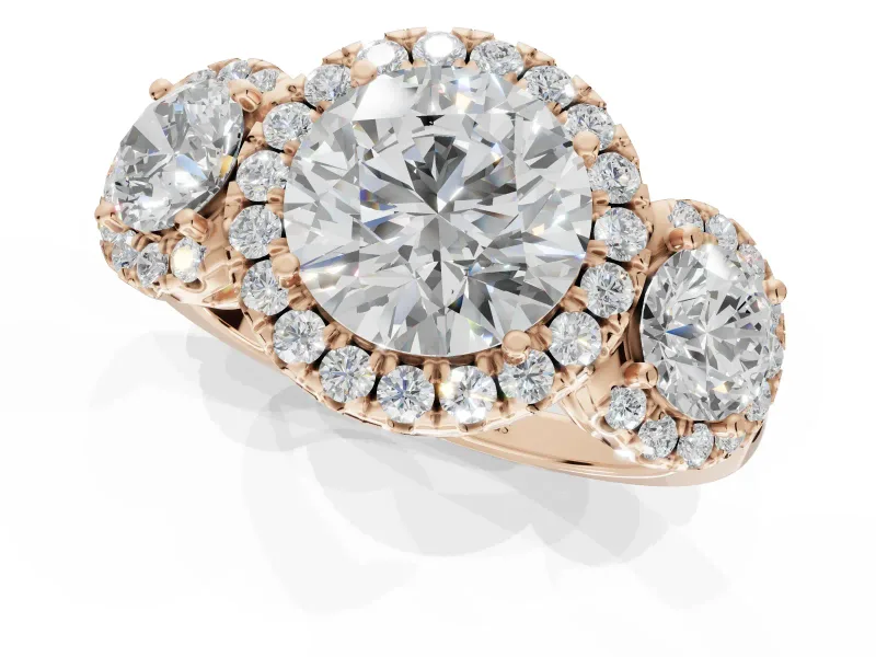 Round Three Stone Halo Engagement Ring Setting | Haloed Side Stones | Rose Gold