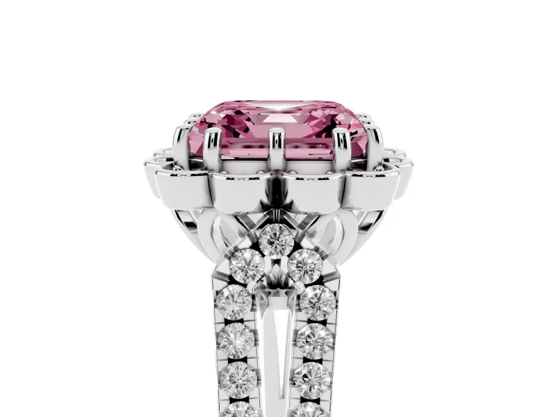 Asscher Cut Floral Halo Engagement Ring Setting for a Fancy Pink Lab-Grown Diamond | Pavé Split Shank | Sterling Silver