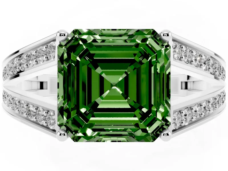 Fancy Green Asscher Cut Diamond Split Shank Ring Set in Silver with Pavé Band and Prong Setting