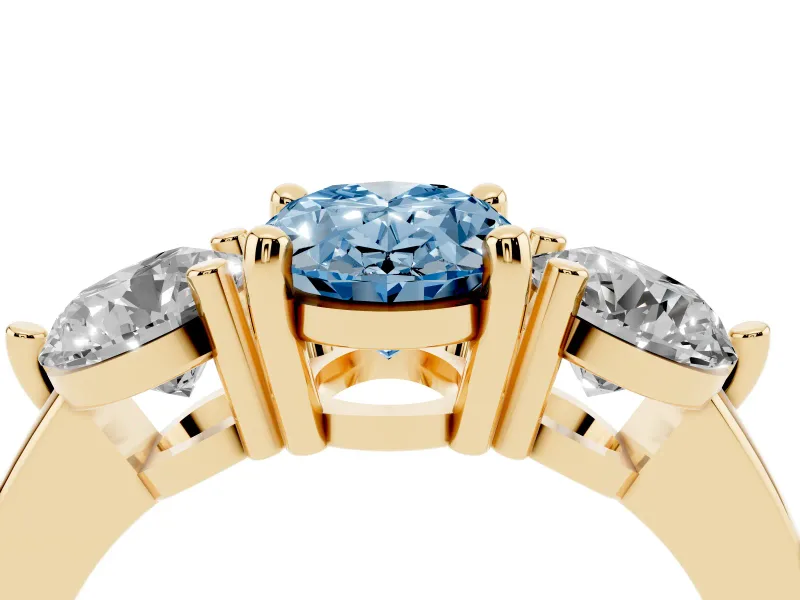 Fancy Blue Oval Cut Diamond Three-Stone Ring Set in Yellow gold with Prong Setting and Classic Band