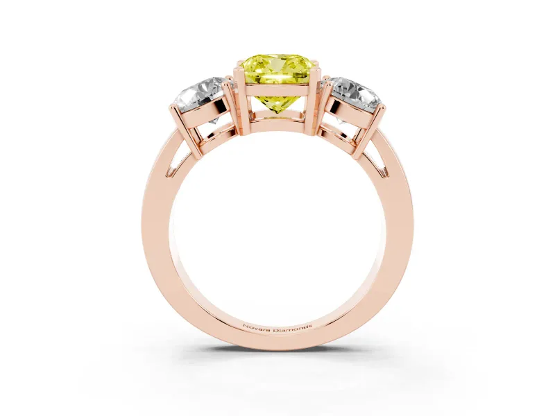 Cushion Cut Three Stone Engagement Ring Setting for a Fancy Yellow Lab-Grown Diamond | Wide Plain Band | Rose Gold