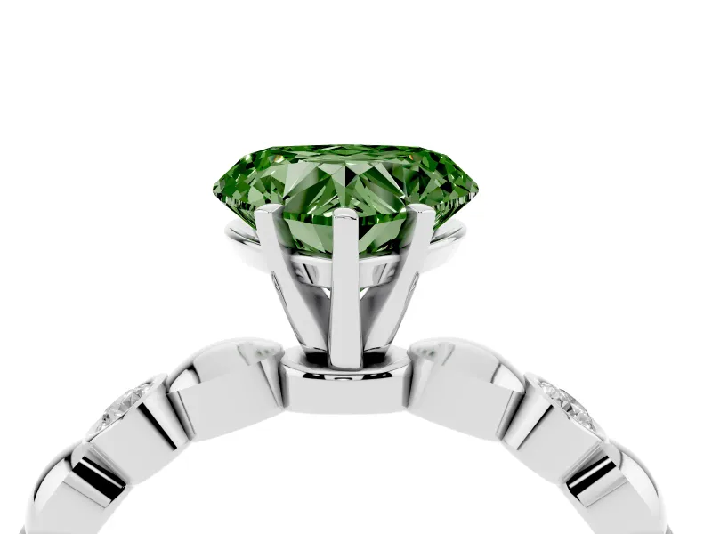 Fancy Green Heart Cut Diamond Solitaire Ring Set in White gold with Bezel-Set Accents on Beaded Band and Prong Setting