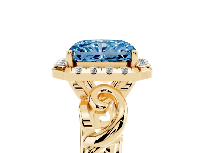 Fancy Blue Radiant Cut Diamond Halo Ring Set in Yellow gold with Scrollwork Band and Prong Setting