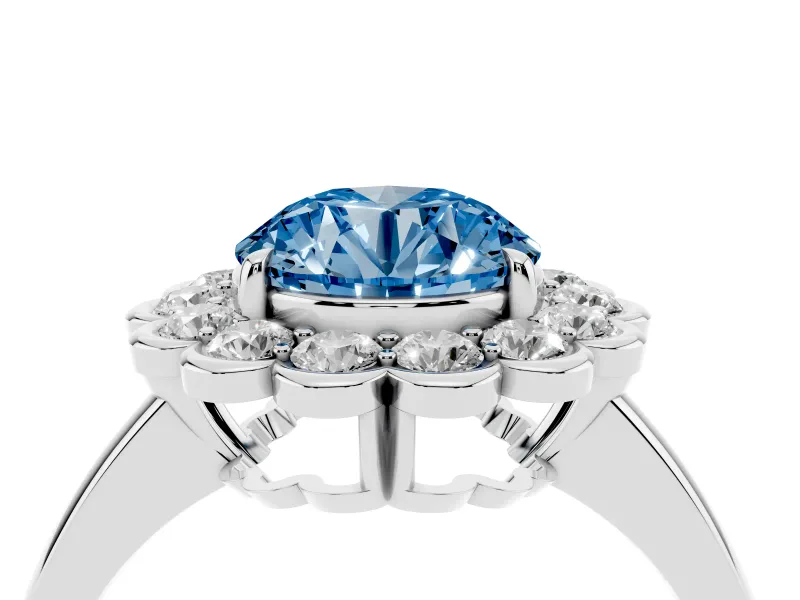 Round Scalloped Cluster Halo Engagement Ring Setting for a Fancy Blue Lab-Grown Diamond | Plain Band | Platinum