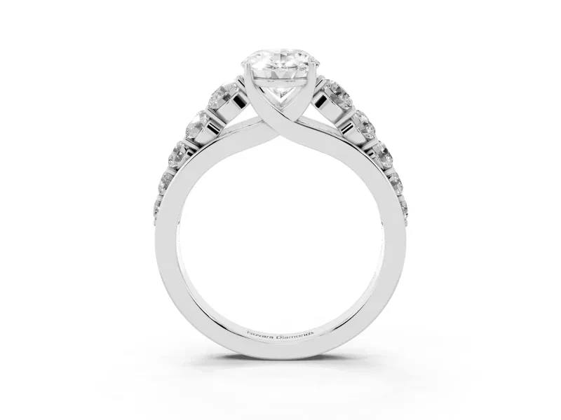 Oval Cut Diamond Solitaire Ring Set in Platinum with Pavé-Set Band and Prong Setting