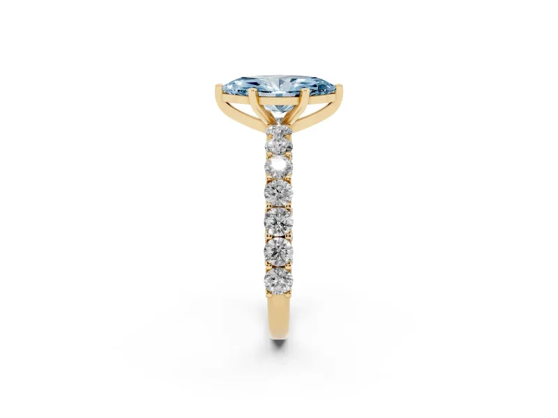 Fancy Blue Marquise Cut Diamond Solitaire Ring Set in Yellow gold with Shared Prong Pavé Band