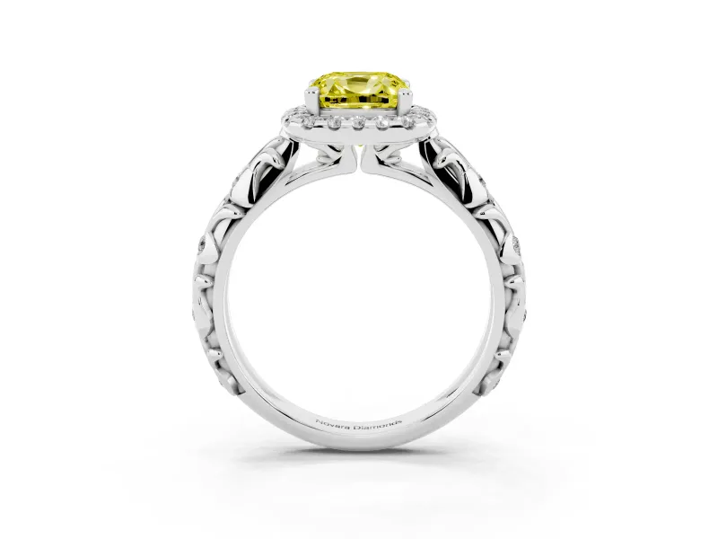Cushion Cut Leaf Halo Engagement Ring Setting for a Fancy Yellow Lab-Grown Diamond | Bezel Accents | Platinum