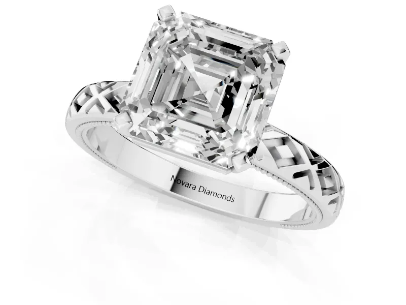 Asscher Cut Diamond Solitaire Ring Set in White gold with Milgrain and Black Enamel X Pattern Band