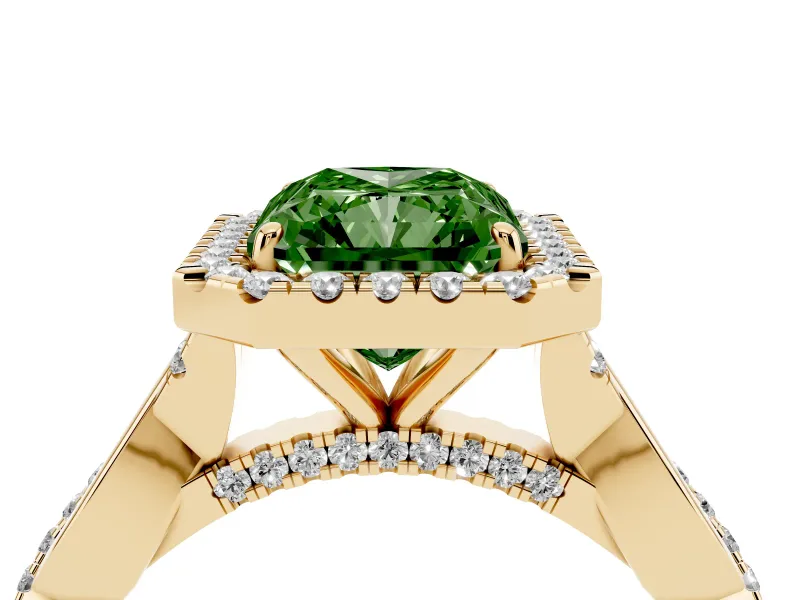 Radiant Cut Twist Halo Engagement Ring Setting for a Fancy Green Lab-Grown Diamond | Yellow Gold