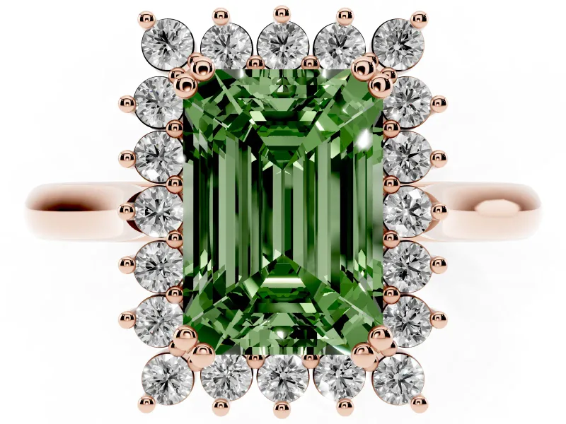 Emerald Cut Starburst Halo Engagement Ring Setting for a Fancy Green Lab-Grown Diamond | Rose Gold