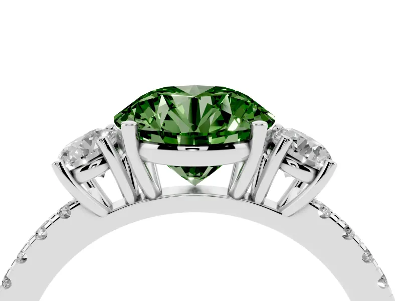 Fancy Green Round Cut Diamond Three-Stone Ring Set in White gold with Pavé Band and Graduated Sides
